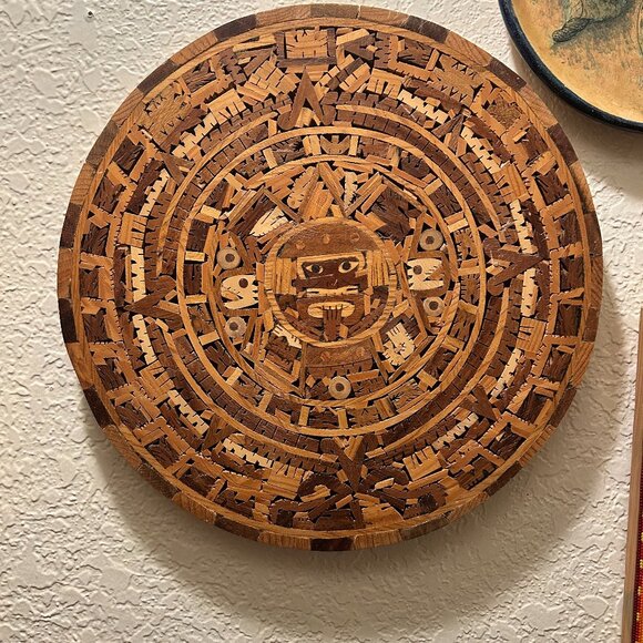 Vintage Aztec Wooden Calendar hand carved Mosaic Wall Art